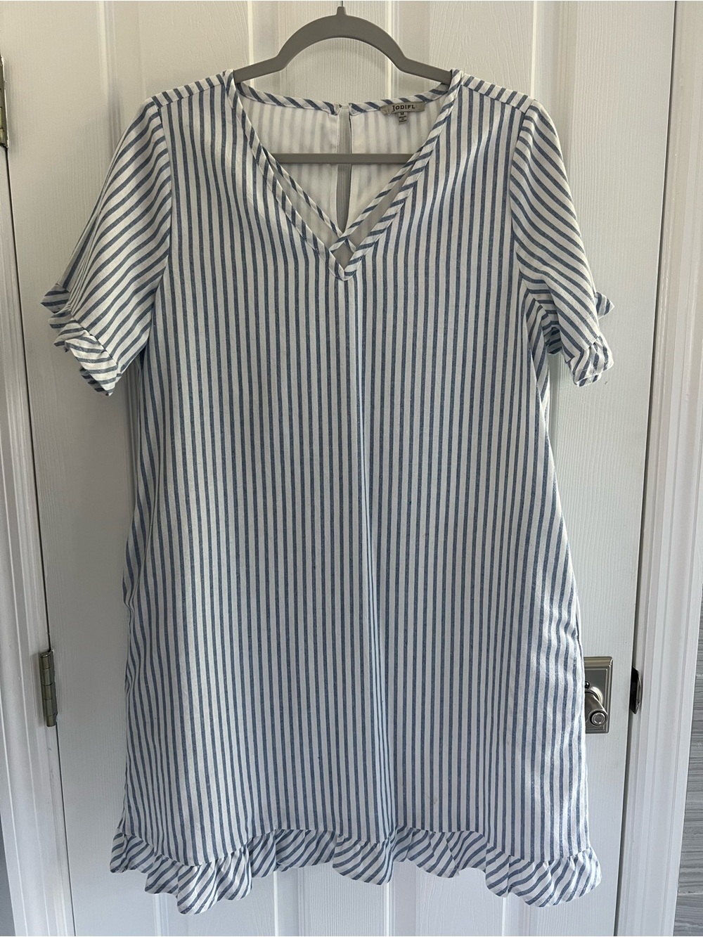 JODIFL Blue and White Striped V-Neck Ruffle Hem Dress